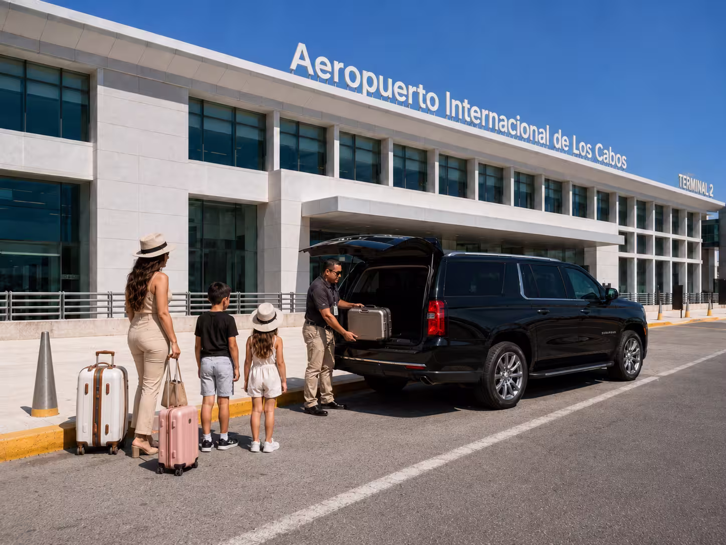 Family with driver at Los Cabos International Airport Terminal 2 before departure